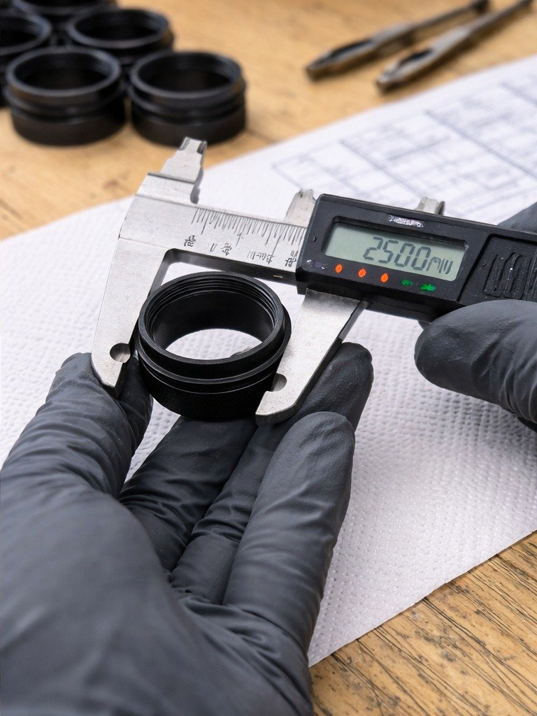 Measuring a metal component with calipers during inspection