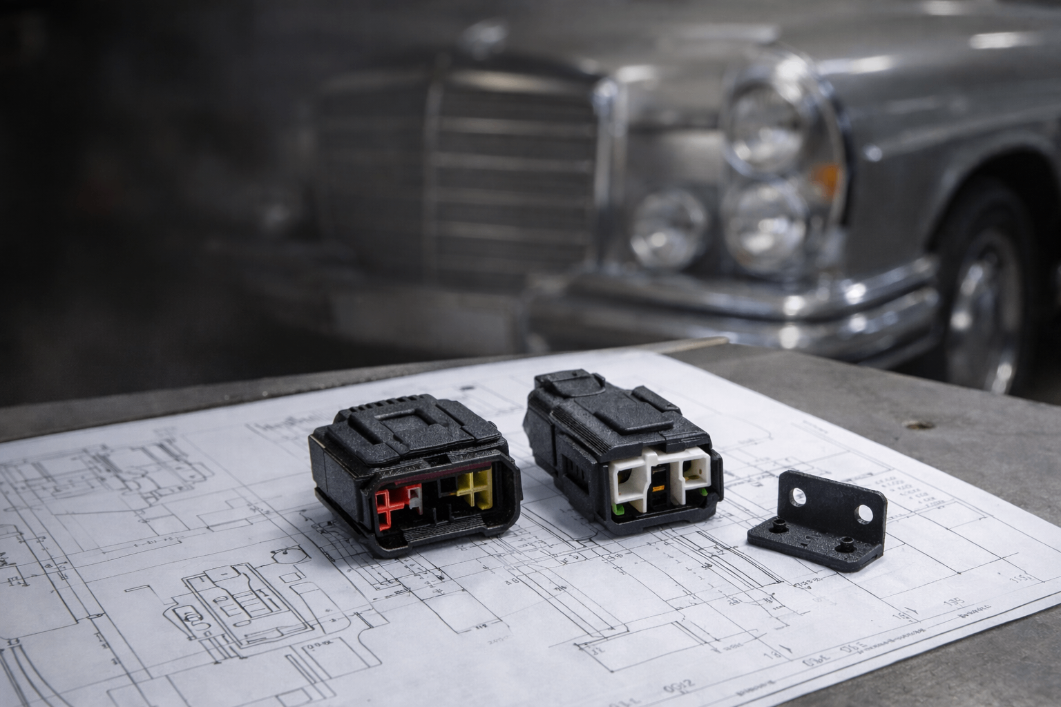 Car connectors and parts on technical blueprints