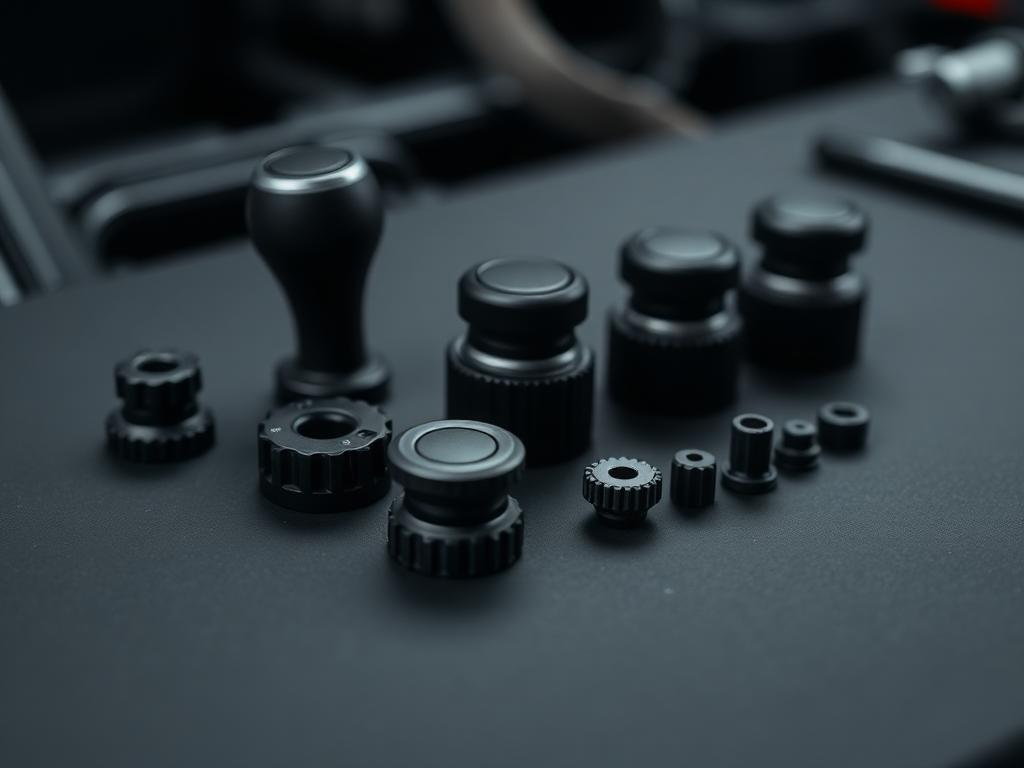 MJF 3D-printed nylon automotive control knobs on a workbench - placeholder