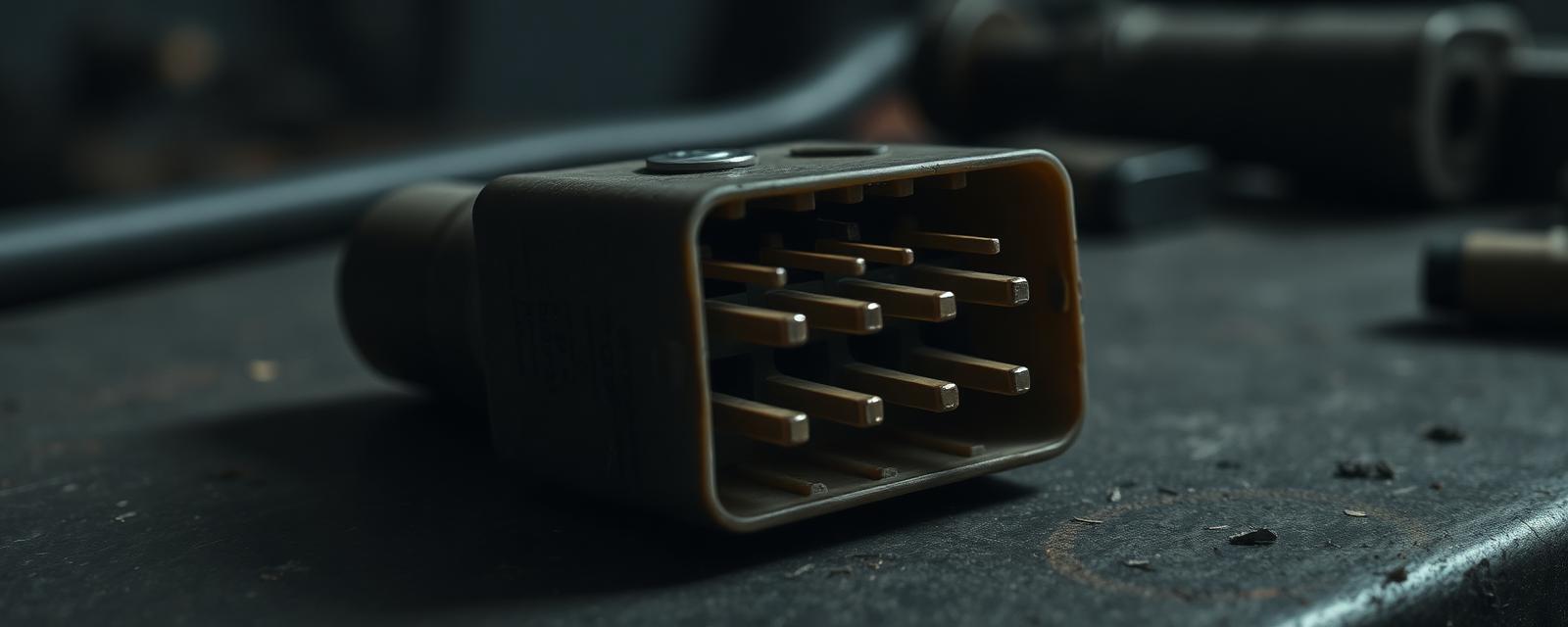 Close-up of a vintage automotive connector housing on a workbench