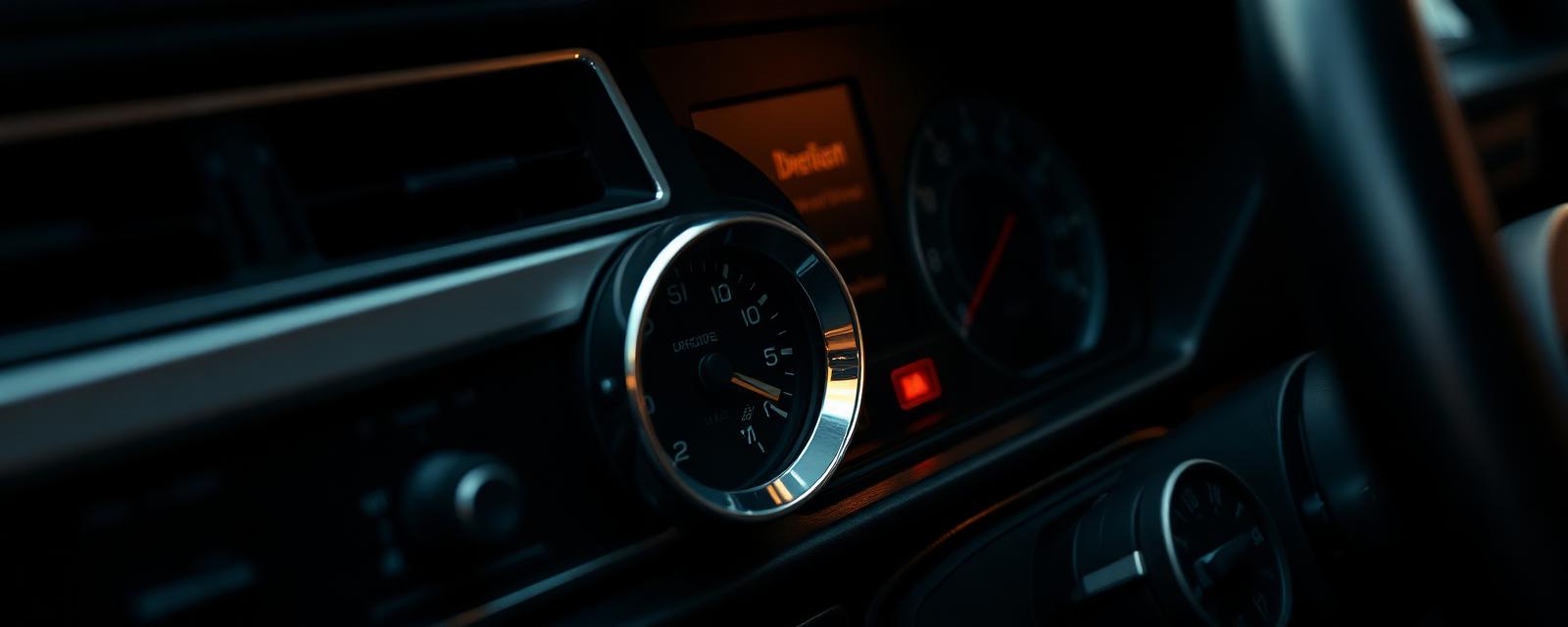 Close-up detail of a classic European car dashboard, dials and switches lit in low light