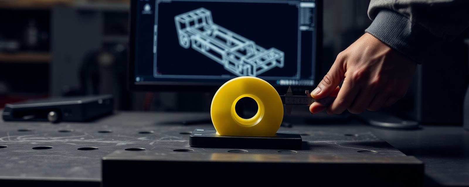 Precision engineering workshop with CAD wireframe and calipers on a dark workbench